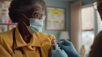 Empathetic Vaccination;
A close-up, intimate shot of a healthcare professional gently administering a vaccine to an elderly patient - Powered by Adobe