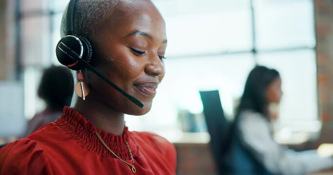 Help, office and black woman in customer service at call center for crm, b2b networking and sales. Telemarketing, chat and contact us to talk to technical support consultant with faq and advice