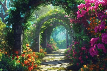 A beautiful secret fairytale garden with flower arches and colorful greenery. painting background, AI-generated