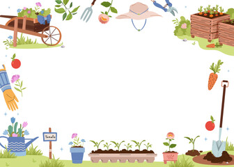 Summer and spring garden frame. Background with agriculture vector. Garden tools, household set.