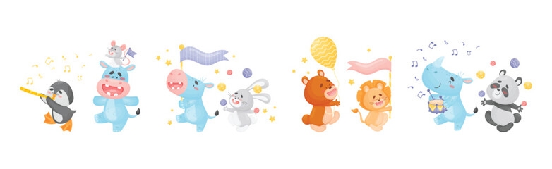 Cute Animal Character Marching and Playing Musical Instrument Vector Set