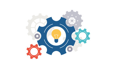 The concept of finding great ideas. Flat Design of Topic of New Ideas and thoughts.  Creativity and inspiration in a modern style with a light bulb and gears © Tweenytree23