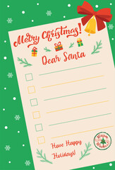 Flat Christmas wish list concept on paper with snowflakes. Santa Claus letter template with holiday stamp and bell. Vector winter cartoon illustration on textured snowy background for poster or banner