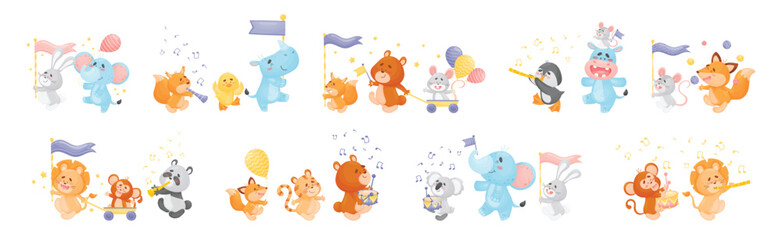 Cute Animal Character Marching and Playing Musical Instrument Vector Set