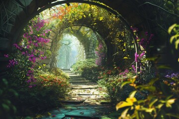 A beautiful secret fairytale garden with flower arches and colorful greenery. painting background, AI-generated