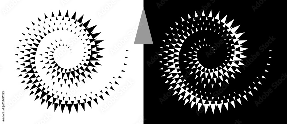 Fototapete Spiral dotted background with triangles. Design element or icon. Black shape on a white background and the same white shape on the black side.