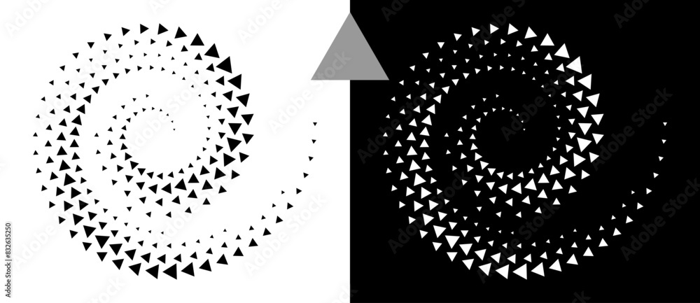 Fototapete Spiral dotted background with triangles. Design element or icon. Black shape on a white background and the same white shape on the black side.