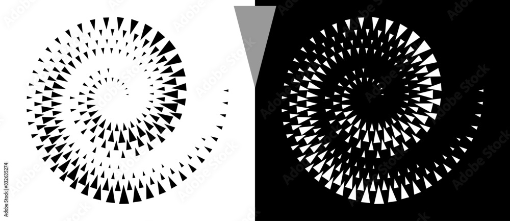 Fototapete Spiral dotted background with triangles. Design element or icon. Black shape on a white background and the same white shape on the black side.