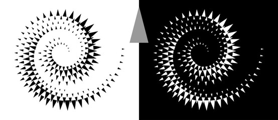 Spiral dotted background with triangles. Design element or icon. Black shape on a white background and the same white shape on the black side.