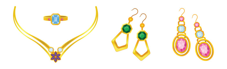 Golden Precious Jewelry with Necklace, Ring and Earring with Gem Vector Set