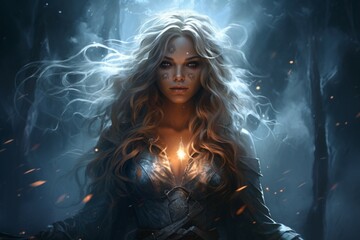 Fototapeta premium A storm sorceress, with the ability to summon lightning bolts and control the weather. - Generative AI