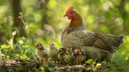 A hen gathering her chicks under her wings to keep them safe from predators