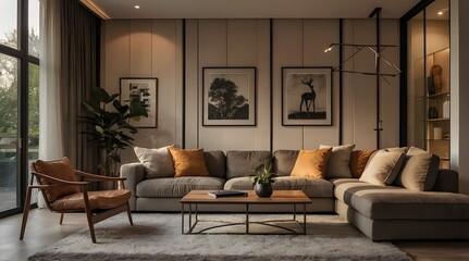 modern and minimal living room interior design, contemporary interior design, 3D render, cinematic lighting, A cozy living room with soft sofas, warm lighting and decorative elements such as cushions 