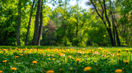 Obraz premium Landscape with young lush green grass and blooming dandelions against the background of trees in the garden. Beautiful spring natural background.