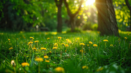 Landscape with young lush green grass and blooming dandelions against the background of trees in the garden. Beautiful spring natural background.