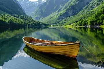 Obraz premium A wooden rowboat sits placidly on a still lake, surrounded by towering mountains and lush green trees. The water reflects the surrounding landscape like a mirror.