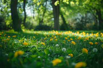 Landscape with young lush green grass and blooming dandelions against the background of trees in the garden. Beautiful spring natural background.