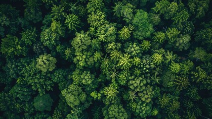 Fototapeta premium Aerial view of a lush green forest canopy. Photographic texture of vibrant foliage. Nature background.