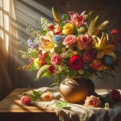 A Soft Sunlight Bath: Vibrant Bouquet Casting Dramatic Shadows in a Rustic Floral Arrangement