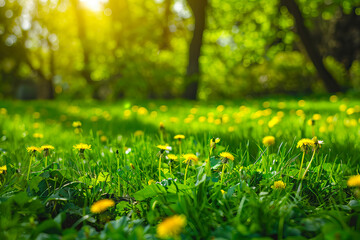 Landscape with young lush green grass and blooming dandelions against the background of trees in the garden. Beautiful spring natural background.