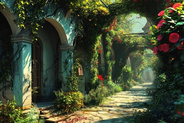 A beautiful secret fairytale garden with flower arches and colorful greenery. painting background, AI-generated
