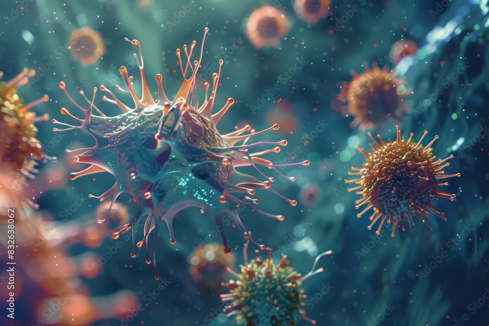 Aufkleber highly detailed image of viruses attaching to a host cell - microscopic view for science education, 