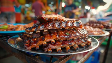A high-angle shot of grilled pork spare ribs on a platter, with colorful market stalls in the background