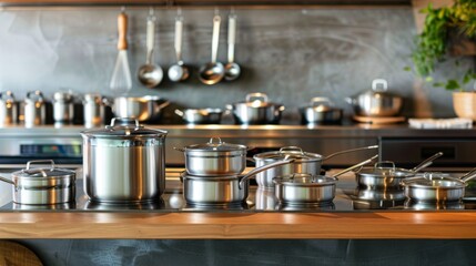 A kitchen counter with a variety of pots and pans stacked neatly, showcasing culinary organization