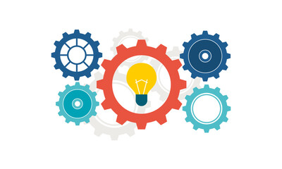 The concept of finding great ideas. Flat Design of Topic of New Ideas and thoughts. 
Creativity and inspiration in a modern style with a light bulb and gears