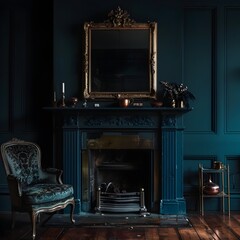 A dark blue fireplace with a gold frame and some copper objects on the side, in front of it is an armchair, with a dark background