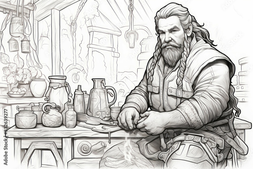 Wall mural A dwarven blacksmith, renowned for skill in crafting legendary weapons and armor. - Generative AI