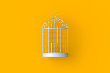 Birdcage on orange background. Vintage wire cage for bird. Top view. 3d render