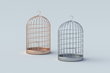 Two birdcages on gray background. Vintage wire cage for bird. 3d render