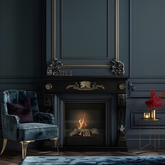 A dark blue fireplace with an armchair and gold framed wall, with copper accents, in a room with navy walls