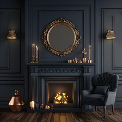 A dark blue fireplace with gold accents, a chair and mirror on the wall, and copper objects around it, interior design