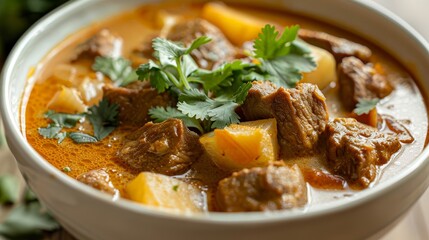 A bowl of beef stew with green herbs on top