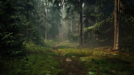 Obraz premium A tranquil scene of a pathway winding through a misty forest, with lush greenery, tall trees, and soft light filtering through the foliage, creating a peaceful and serene atmosphere.