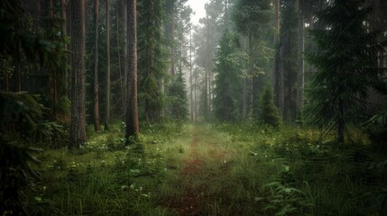 Obraz premium A tranquil scene of a pathway winding through a misty forest, with lush greenery, tall trees, and soft light filtering through the foliage, creating a peaceful and serene atmosphere.