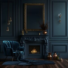 A dark blue fireplace with navy walls, a golden frame on the wall and an armchair in front of it