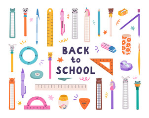 Big cartoon set of cute hand drawn back to school stationery. Collection of rulers, protractor, erasers, sharpeners, ballpoint pen, pencil, bookmark. School supply for study, draw and work