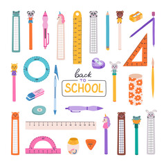 Big cartoon set of cute hand drawn back to school stationery. Collection of rulers, protractor, erasers, sharpeners, ballpoint pen, pencil, bookmark. School supply for study, draw and work
