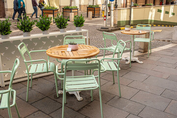 Restaurant outdoor terrace in city centre.Summer season. High quality photo