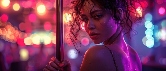 Woman in a club setting, holding a pole, vibrant and moody lighting, detailed and glamorous, Realistic style, High detail 8K , high-resolution, ultra HD,up32K HD