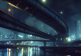 Fototapeta premium At night, the towering overpasses near a river illustrate the rapid pace of urban life.