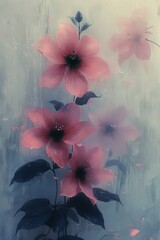 Pink Flowers in Rainy Day Painting