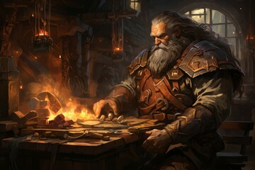 A dwarven blacksmith, renowned for skill in crafting legendary weapons and armor. - Generative AI
