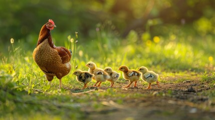 A mother hen leading her chicks on a leisurely stroll through a grassy field