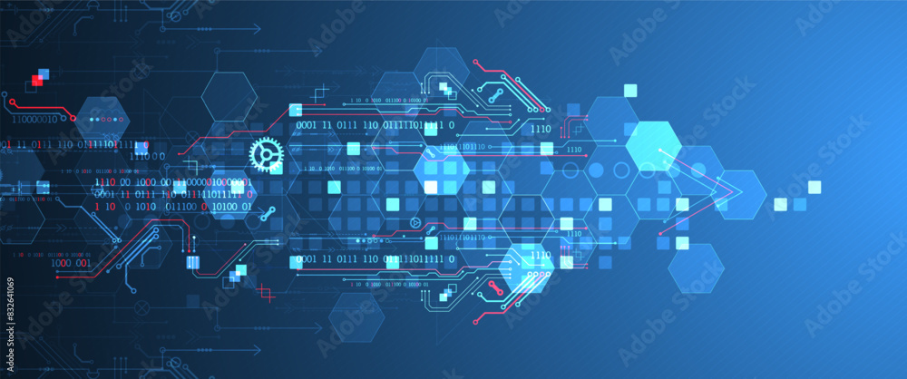 Aufkleber Abstract circuit board and hexagons on gradient color background. Hi-tech digital technology concept.