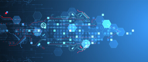 Abstract circuit board and hexagons on gradient color background. Hi-tech digital technology concept.