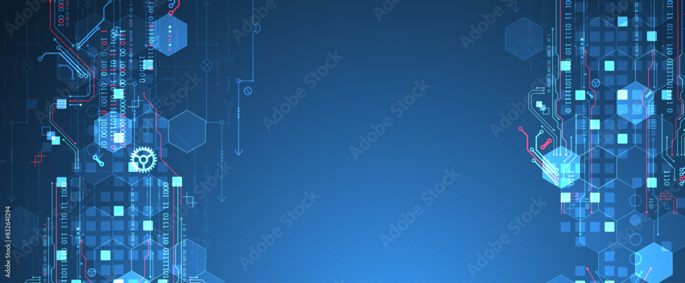 Poster Abstract circuit board and hexagons on gradient color background. Hi-tech digital technology concept.